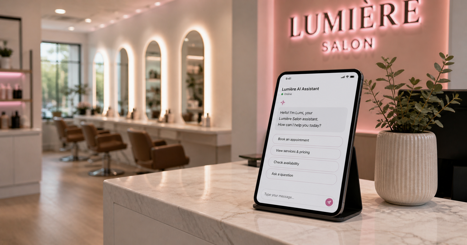 Modern salon front desk with phone showing an AI assistant interface