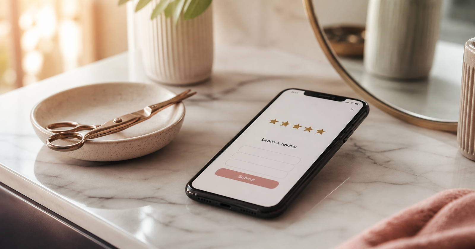 Smartphone showing a salon's Google review interface with 5-star rating