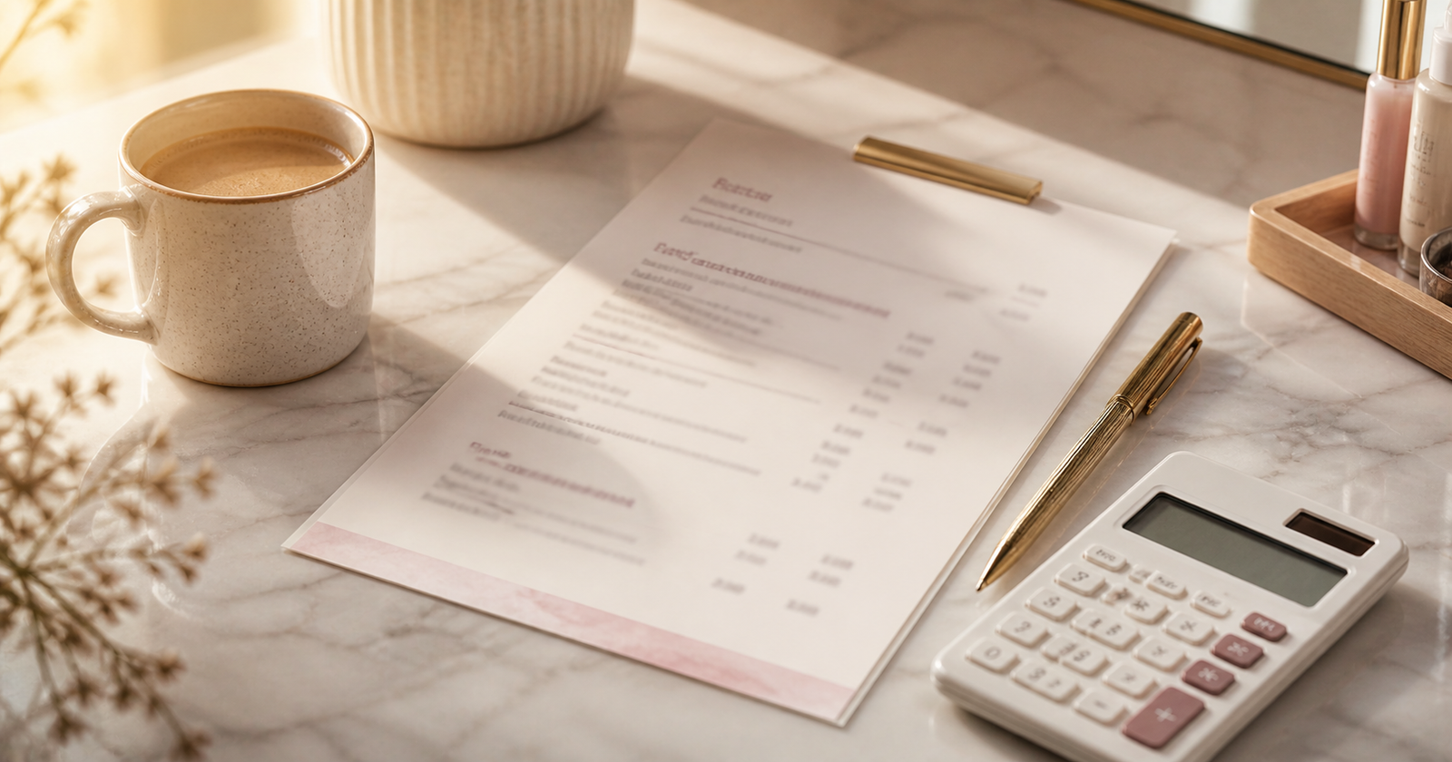 Salon service menu and calculator on a clean countertop with pricing notes