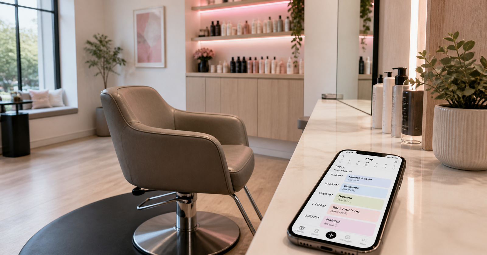 Empty salon chair representing a missed appointment with calendar in background