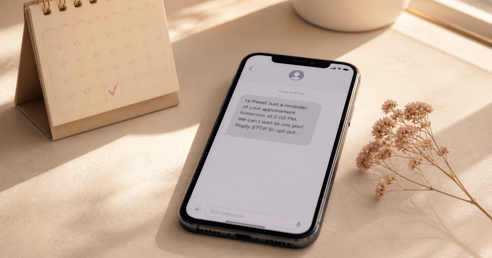 Phone displaying salon appointment reminder text message with calendar in background