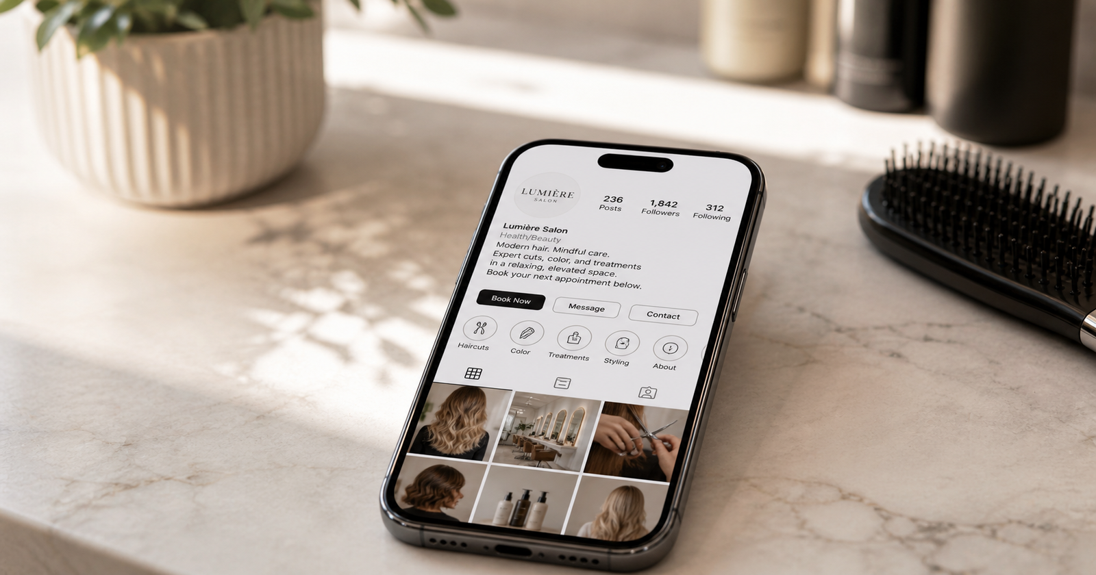 Smartphone displaying a salon's Instagram profile with a clean, professional bio layout