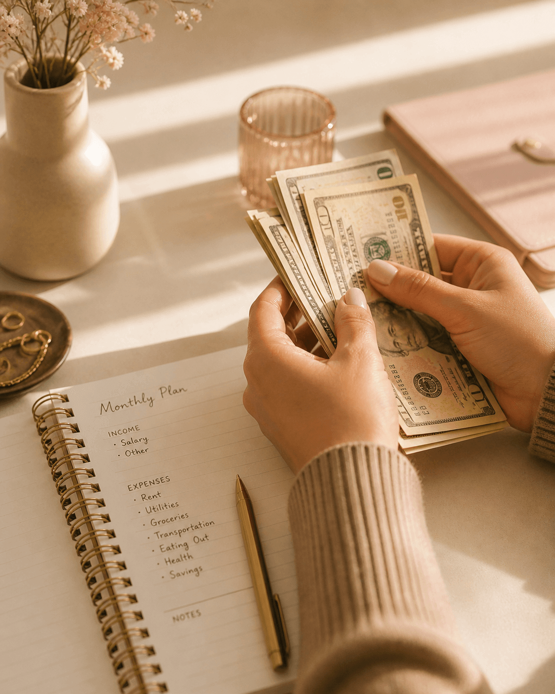 Notebook with salon marketing budget calculations next to a calculator and coffee cup