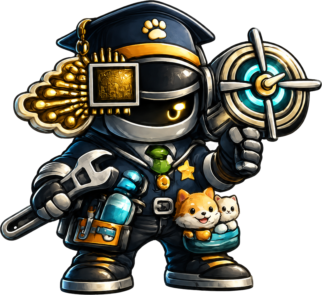 AI Pet Solutions mascot — a friendly robot holding a wrench with a puppy and kitten in its tool bag