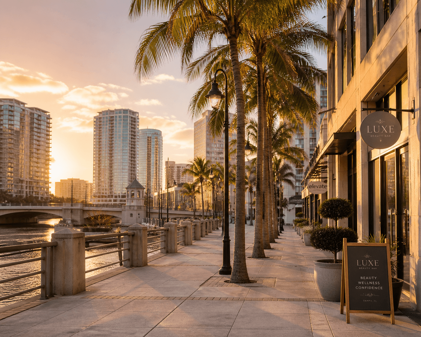 Modern Tampa Riverwalk at golden hour with palm trees