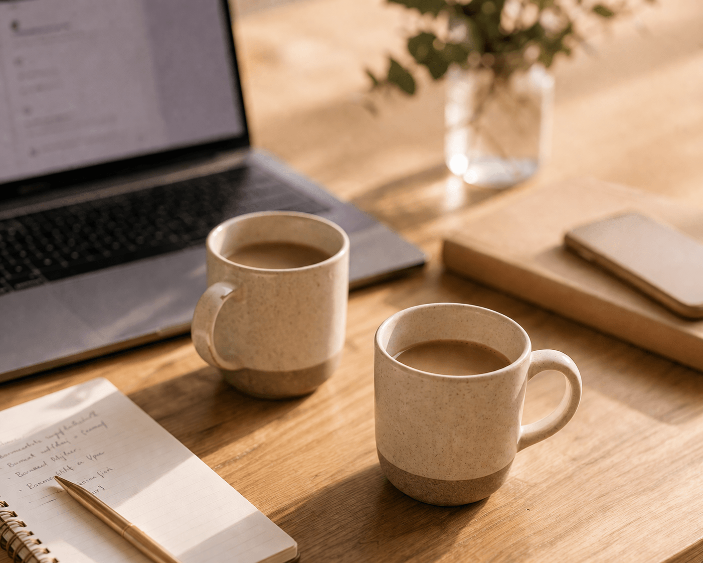 Friendly workspace with two coffee cups and laptop suggesting a welcoming consultation