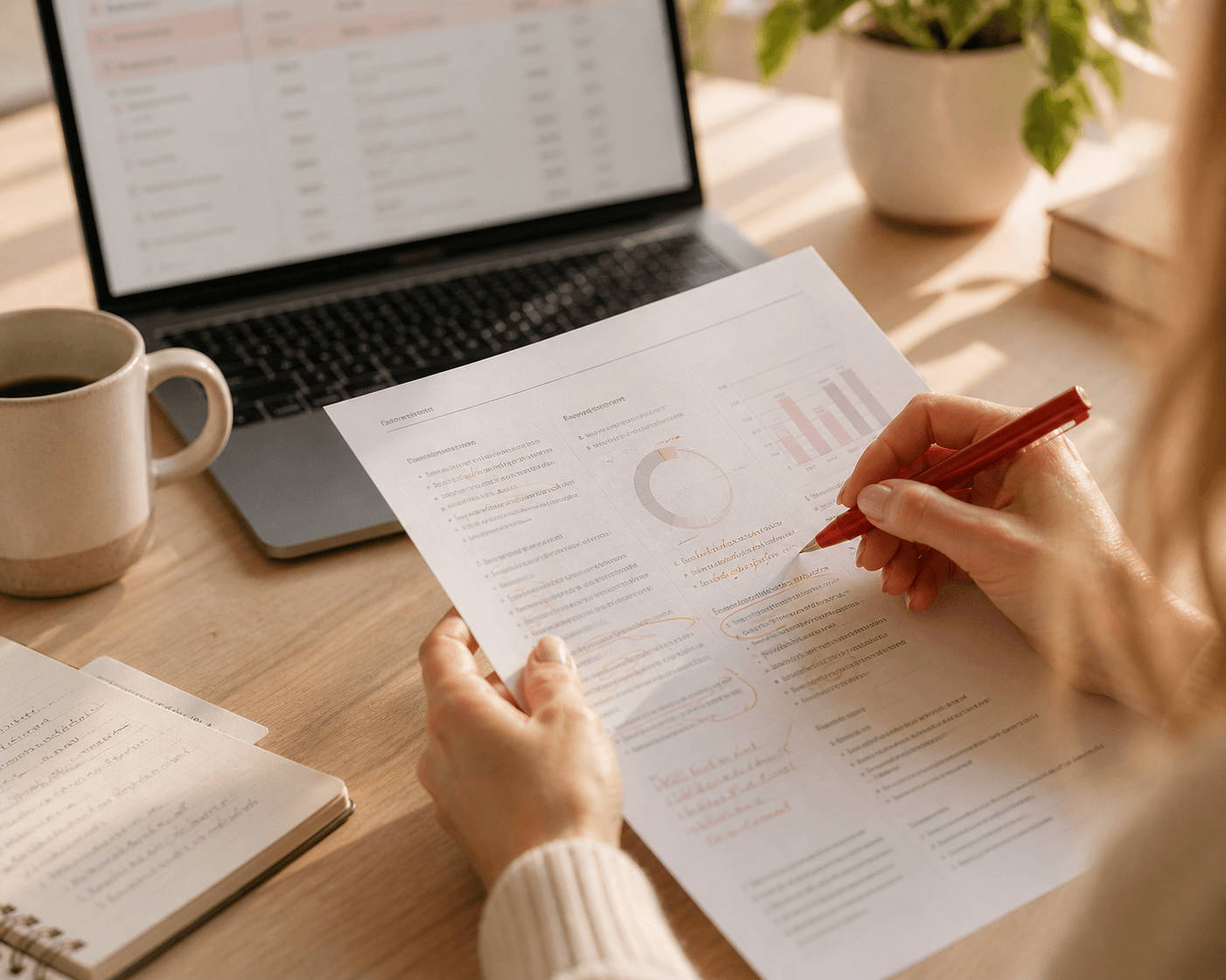 Hands reviewing a printed marketing audit report with a red pen marking key observations
