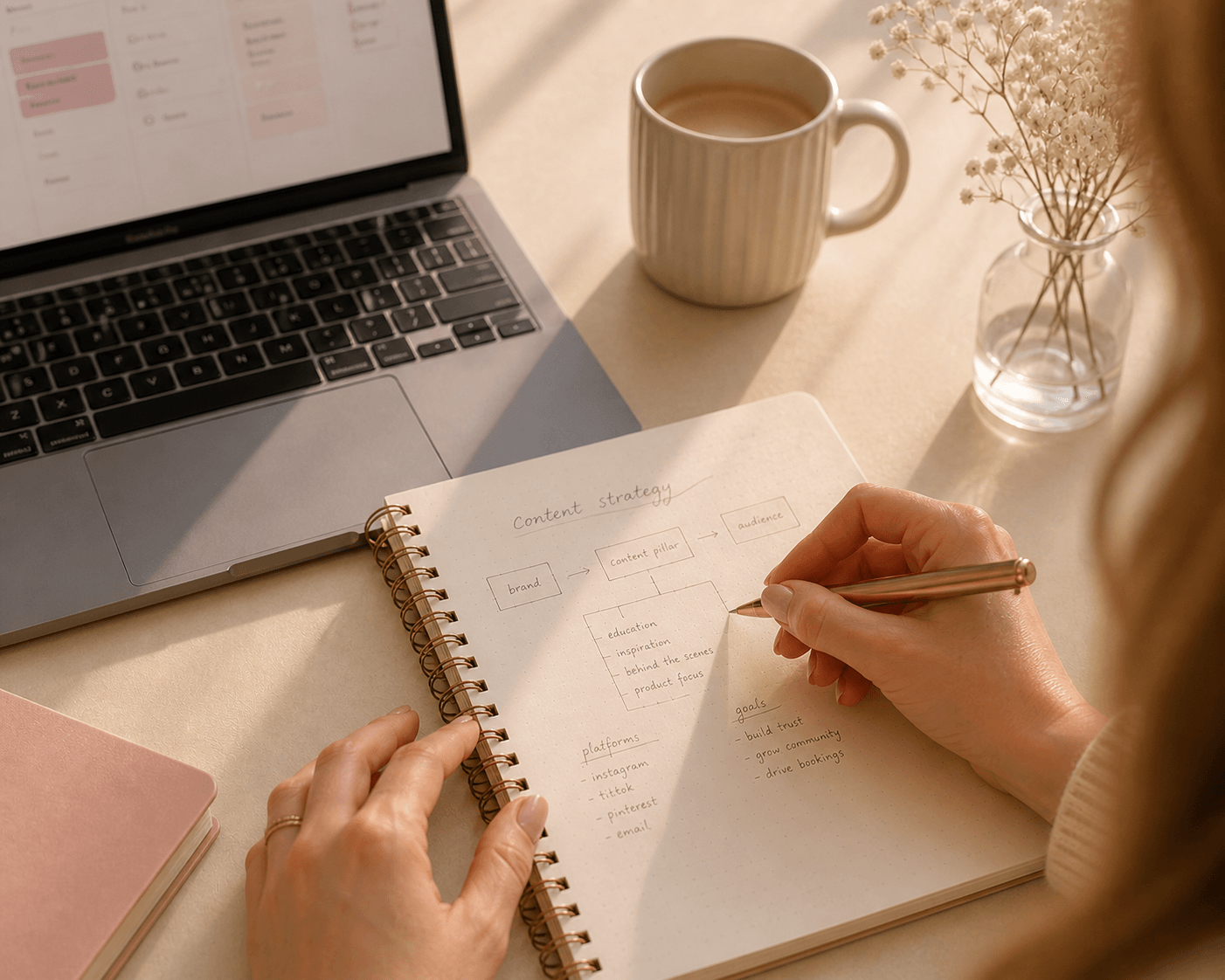 Marketing strategy notebook and laptop on a desk showing the planning process for a salon project