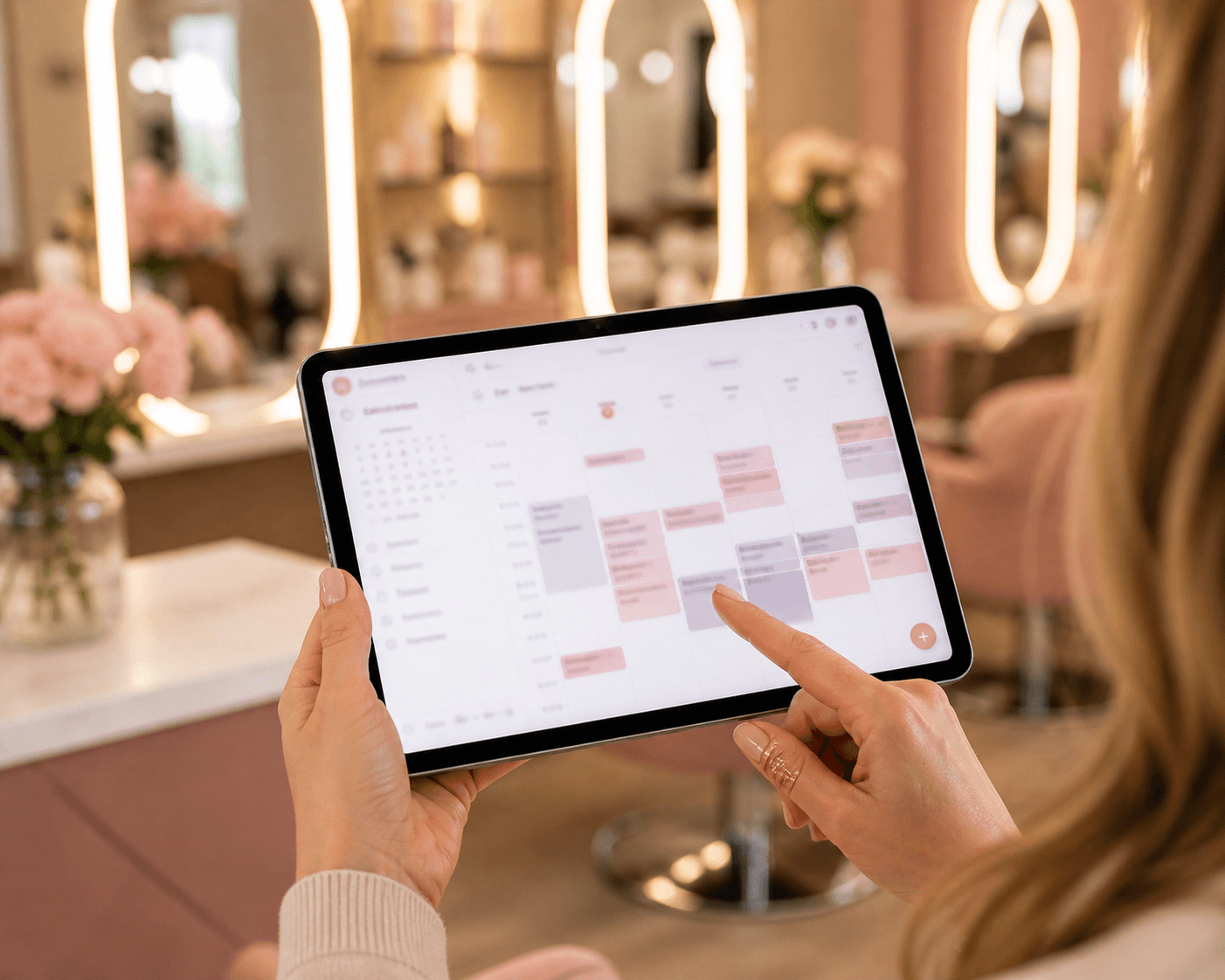 Tablet displaying a salon appointment calendar with available time slots