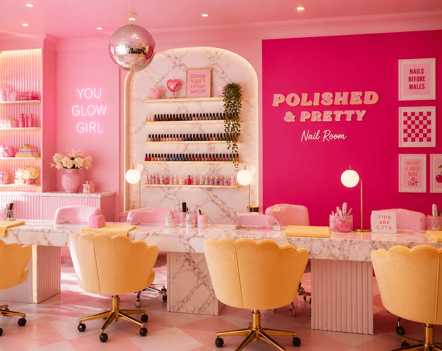 Modern nail studio interior with bright colors