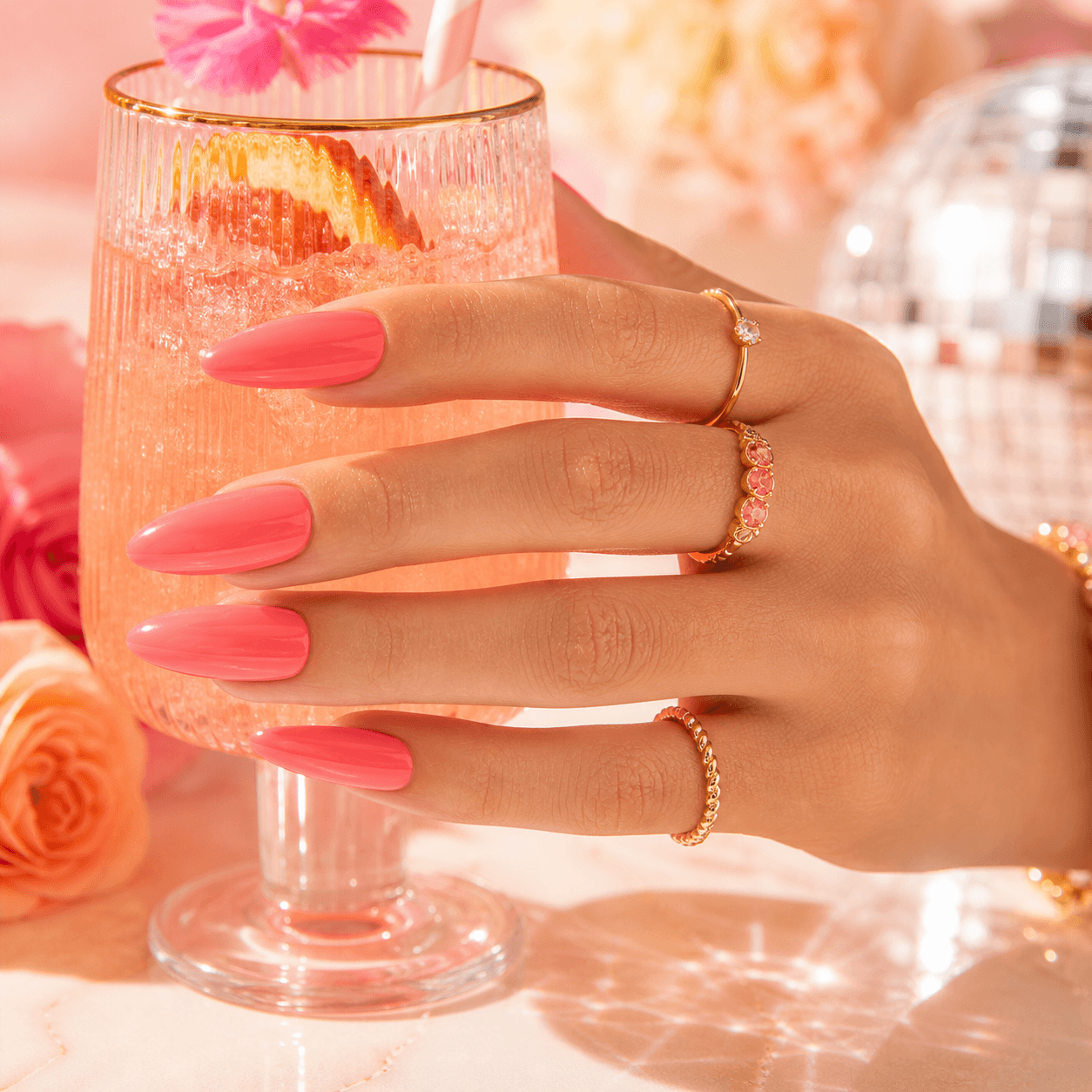 Coral pink long nails
