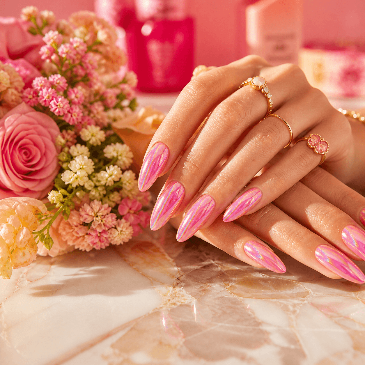 Colorful manicured nails in a modern nail salon setting