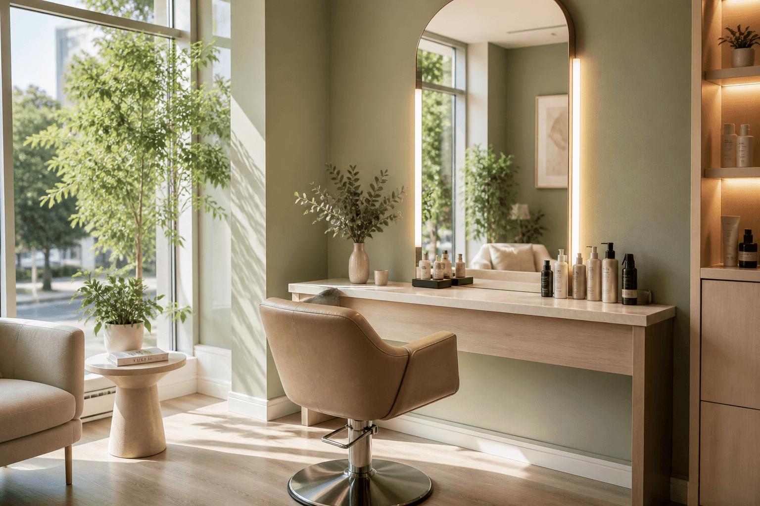 Modern salon interior with natural light and soft sage walls
